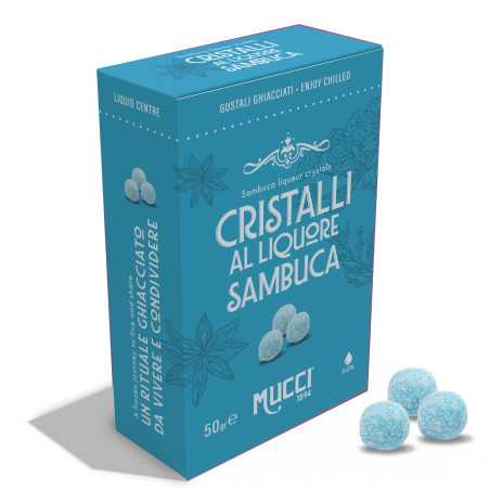 Cristalli Mucci® al liquore Sambuca confezionati in monodose - Box 50gr.