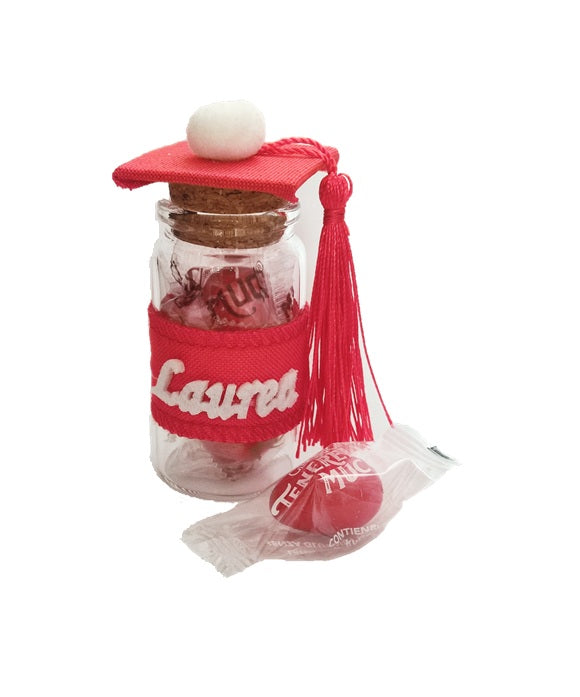 Barattolino Laurea con 3 confetti rossi assortiti in monodose